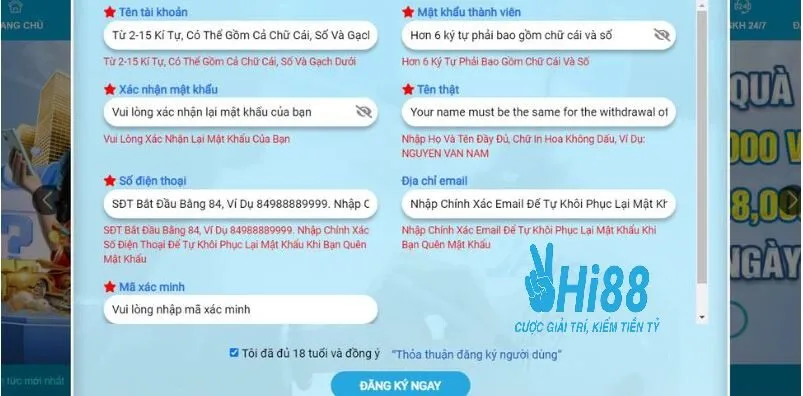 Đăng Ký Hi88 2 Điền thông tin, dữ liệu cá nhân tạo tài khoản theo yêu cầu