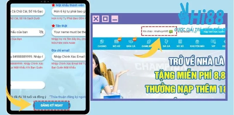 Đăng Ký Hi88 3 Xác nhận lệnh, hiển thị website với account vừa tạo