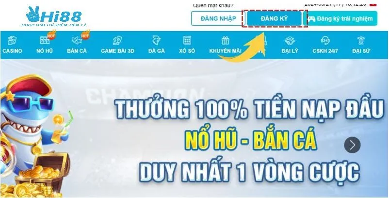 Đăng Ký Hi88 1 Nhấn vào mục register tại trang chủ nhà cái
